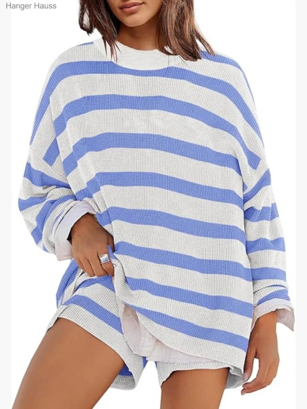 Oversized Striped Sweater Set Lounge Shorts Pajama Set 2 Piece Matching